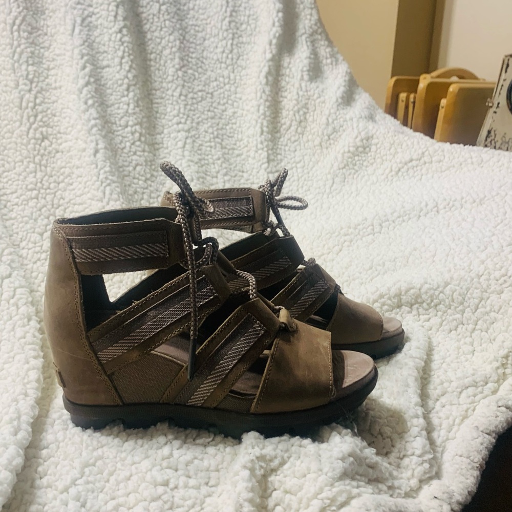 Sorel Brown Wedge Sandals with Lace-Up Design